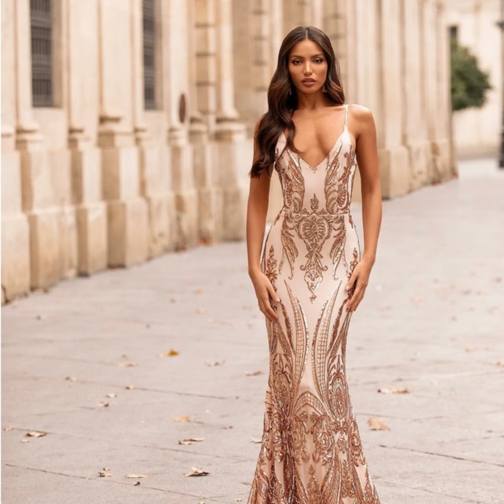 Rose Gold gorgeous prom style dress. XXS, new with tags, no smoking home.